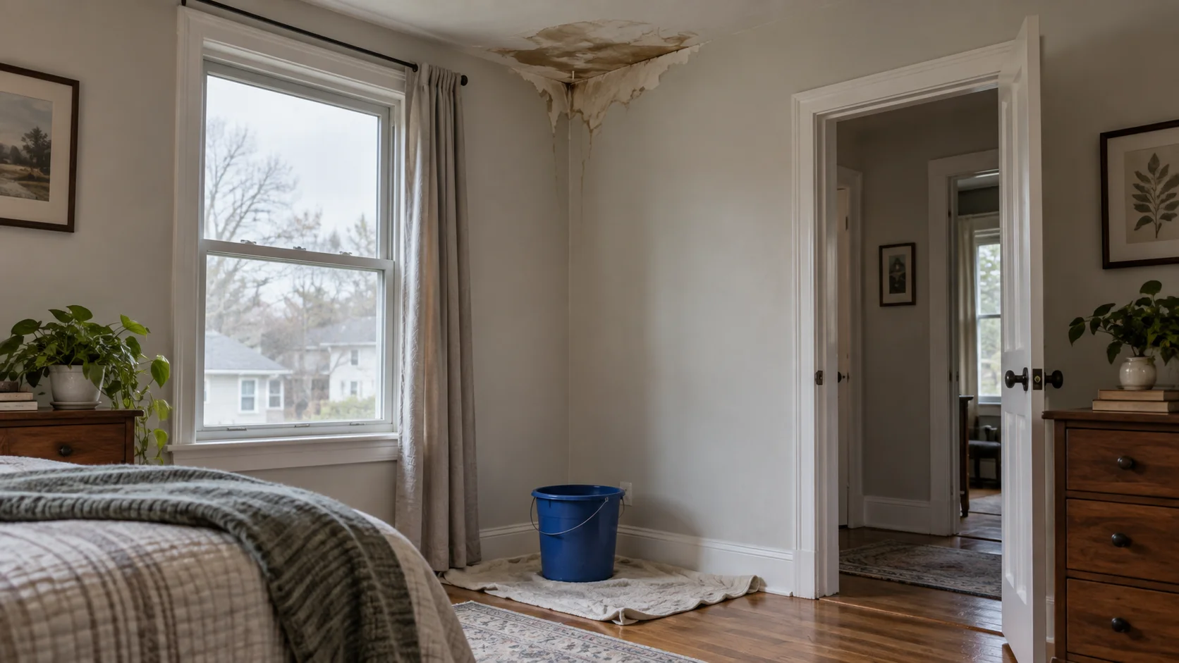 Leaking roof causing water damage inside a house before an as-is sale